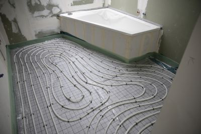 Heated tile flooring in a modern bathroom